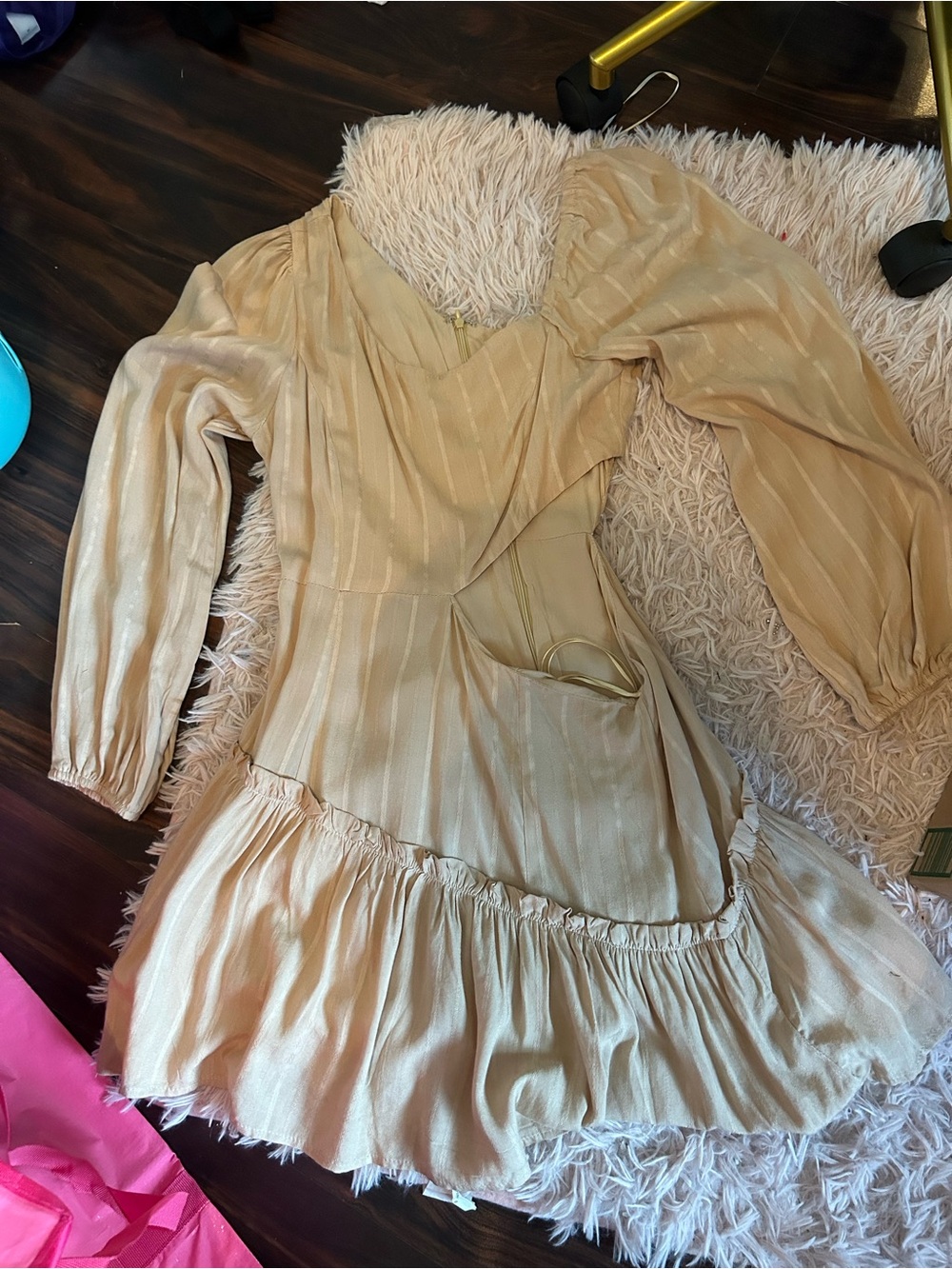 Champagne Shimmer Long Sleeve Ruffle Dress